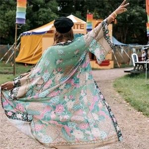 Bohemian Floral Peacock Kimono Duster Jacket